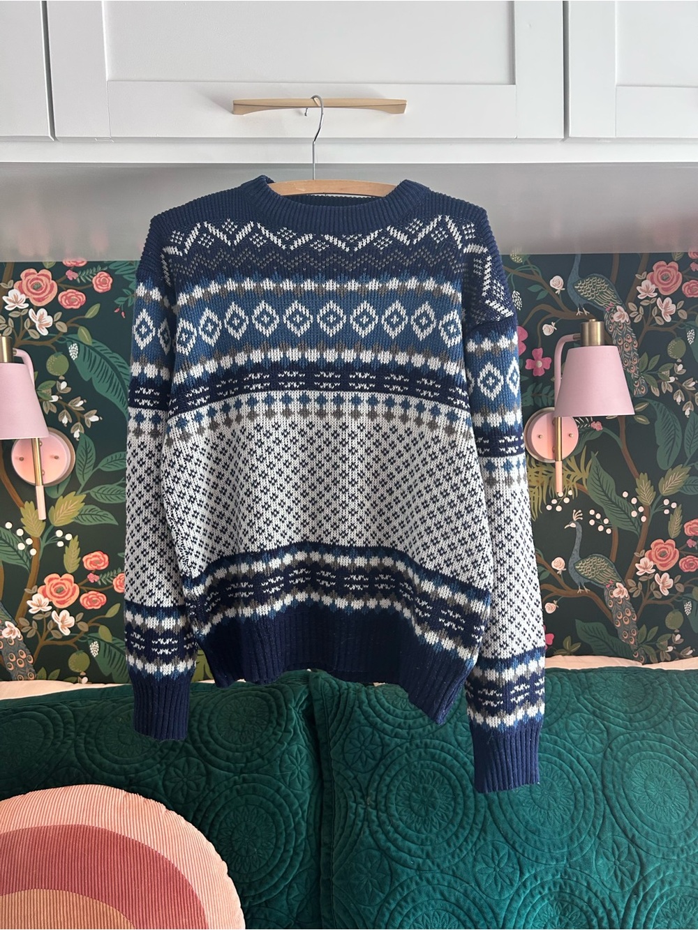 Vintage 1980s Fair Isle Knit Sweater - Navy, Blue & White
